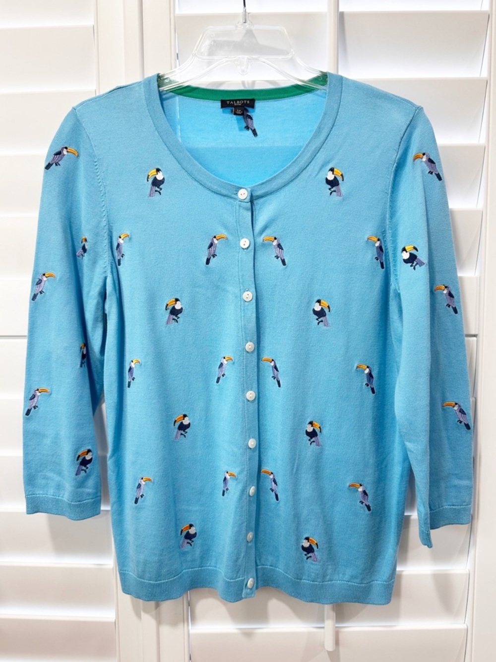 Talbots Petites Toucan Bird Novelty Print Cardigan Sweater Blue LP Embroidered
